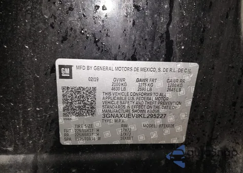 2019 Chevrolet Equinox Lt из США, поврежденный, VIN 3GNAXUEV8KL295227